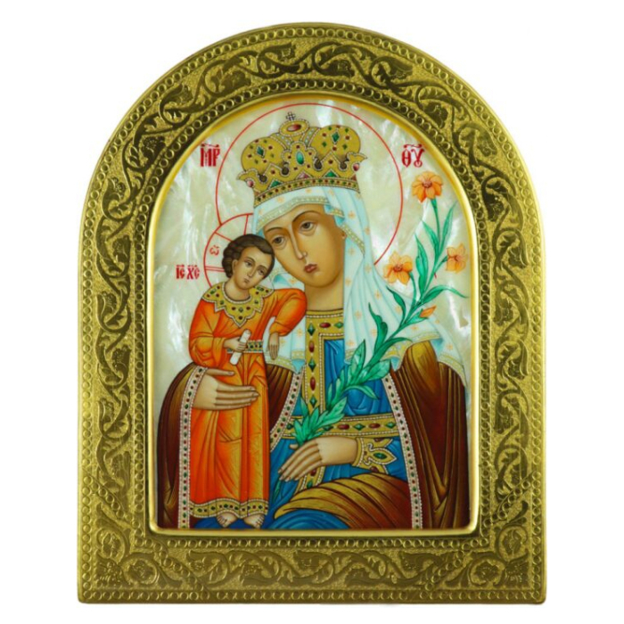 Icon "Our Lady of Unfading Color" on natural mother of pearl in a golden frame (arch)