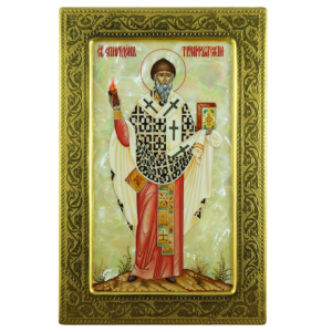 The icon "Spyridon of Trimifunt" in a gold frame on natural mother-of-pearl