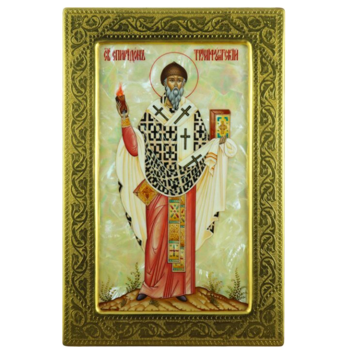 The icon "Spyridon of Trimifunt" in a gold frame on natural mother-of-pearl