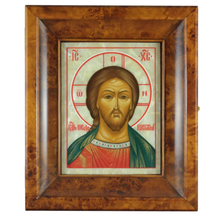 Icon on natural mother-of-pearl "Savior" in a kiosk