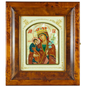 Icon in a white frame and a kiosk "Our Lady of Unfading Color" on natural mother of pearl