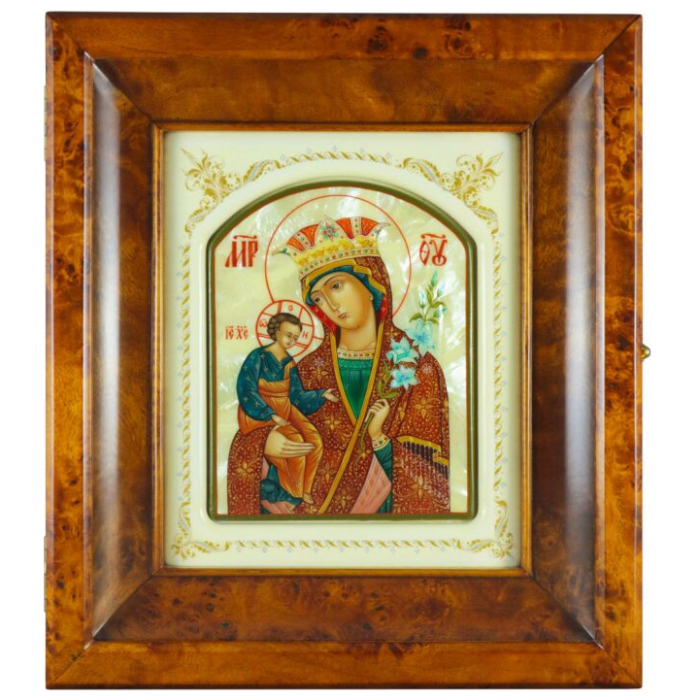 Icon in a white frame and a kiosk "Our Lady of Unfading Color" on natural mother of pearl