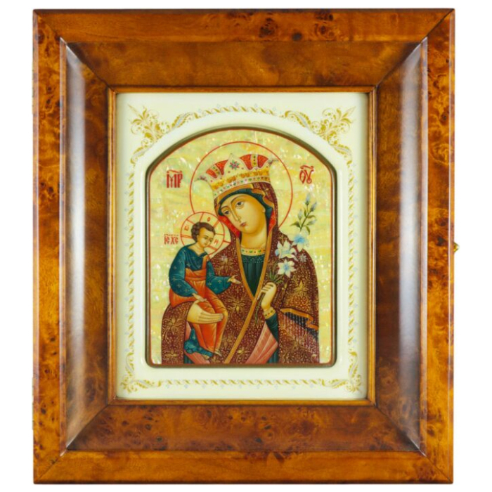 Icon in a white frame and a kiosk "Our Lady of Unfading Color" on natural mother of pearl