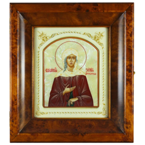 The icon in a white frame and a Ksenia Peterburgskaya kiosk on natural mother-of-pearl
