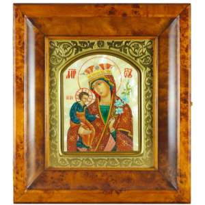 Icon in a gold frame and a kiosk "Our Lady of Unfading Color" on natural mother of pearl