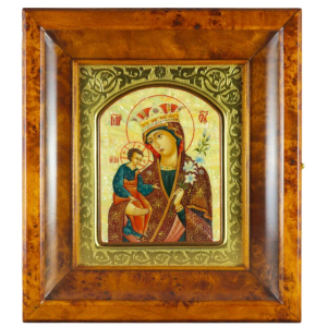 Icon in a gold frame and a kiosk "Our Lady of Unfading Color" on natural mother of pearl