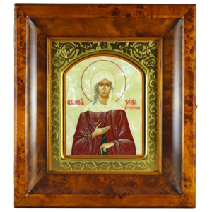Icon in a gold frame and a kiosk "Xenia of St. Petersburg" on natural mother-of-pearl