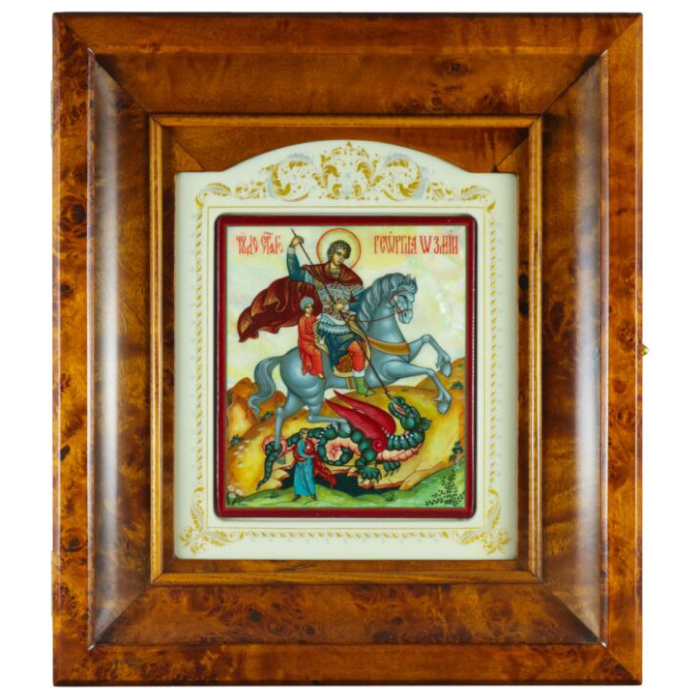 The icon of St. George the Victorious in a kiosk on natural mother-of-pearl