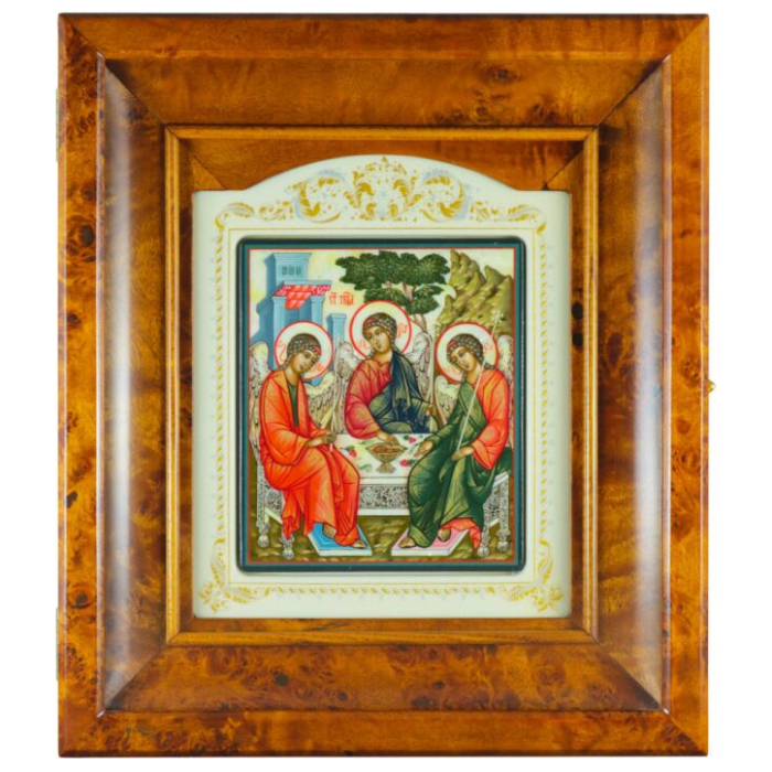 Icon of the Holy Trinity in a kiosk on natural mother-of-pearl