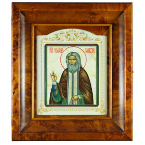 The icon "Seraphim of Sarov" in a kiosk on natural mother-of-pearl