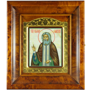 The icon "Seraphim of Sarov" in a gold frame and a kiosk on natural mother-of-pearl