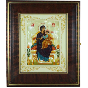 Icon of the Mother of God on the Throne in a white frame and a kiosk on natural mother-of-pearl