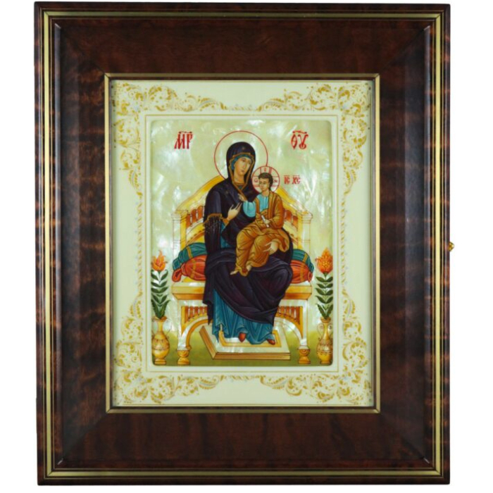 Icon of the Mother of God on the Throne in a white frame and a kiosk on natural mother-of-pearl