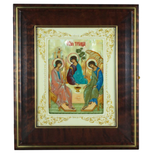 Icon of the Holy Trinity in a white frame and a kiosk on natural mother-of-pearl