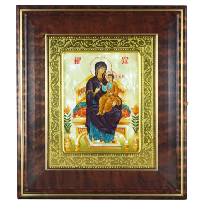 Icon of the Mother of God on the Throne in a kiosk and a gold frame on natural mother of pearl