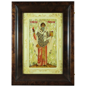 The icon "Spyridon of Trimifunt" on natural mother-of-pearl in a kiosk and a white frame