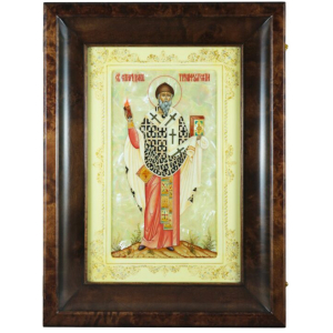 The icon "Spyridon of Trimifunt" on natural mother-of-pearl in a kiosk and a white frame
