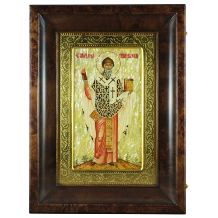 The icon "Spyridon of Trimifunt" on natural mother-of-pearl in a kiosk