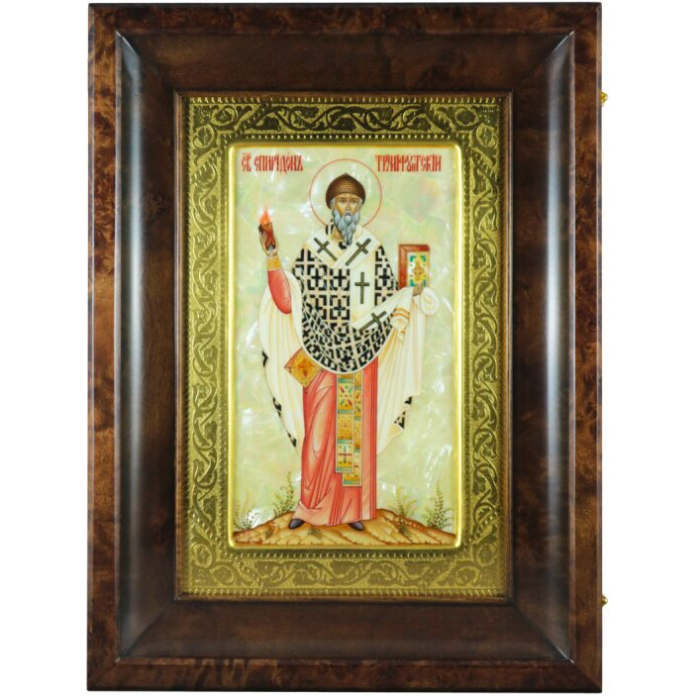 The icon "Spyridon of Trimifunt" on natural mother-of-pearl in a kiosk