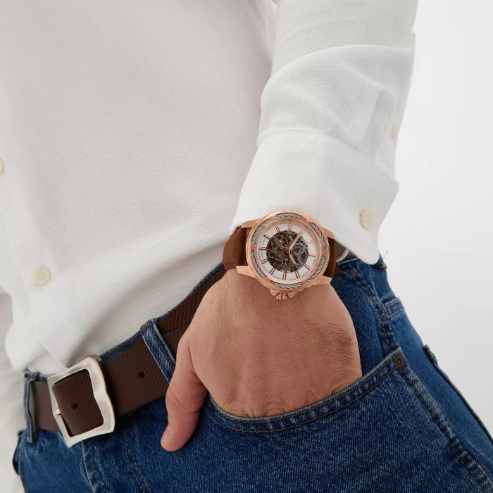 Mikhail Moskvin "Elegance" self-winding mechanical wristwatch in gold with a brown strap