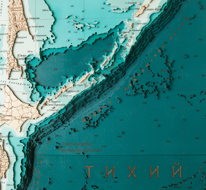 Карта деревянная многослойная "Карта северо-западной части Тихого океана" на заказ