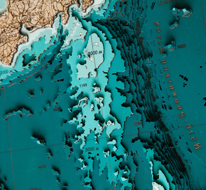 Карта деревянная многослойная "Карта северо-западной части Тихого океана" на заказ