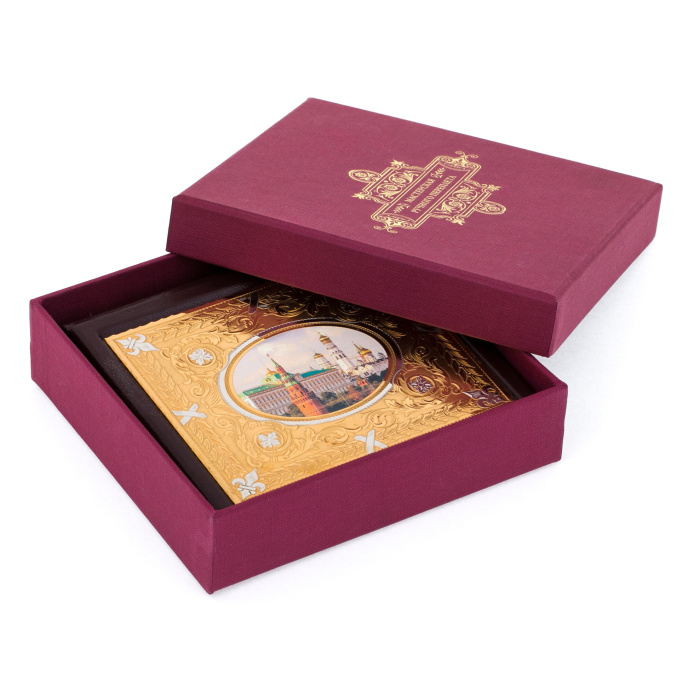 Leather business card holder with gold-plated insert "Moscow Kremlin" Zlatoust