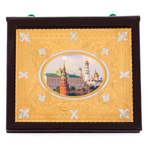 Leather business card holder with gold-plated insert "Moscow Kremlin" Zlatoust