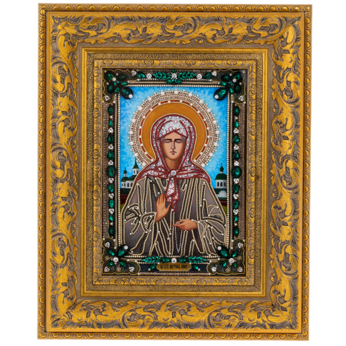 Icon with precious stones "Matrona of Moscow" with pearls, gilded