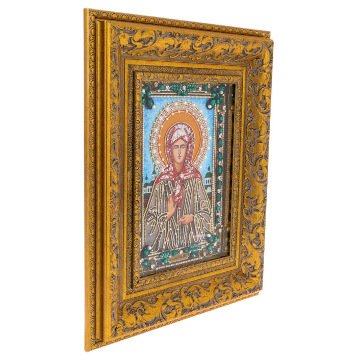 Icon with precious stones "Matrona of Moscow" with pearls, gilded