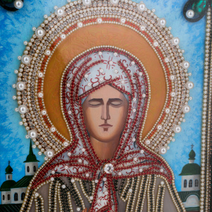 Icon with precious stones "Matrona of Moscow" with pearls, gilded