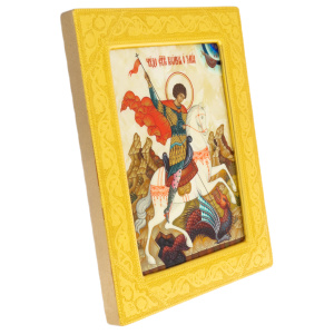 The icon of St. George the Victorious on natural mother-of-pearl in a gold frame
