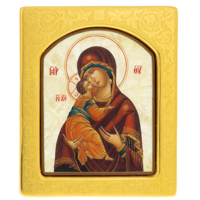 Mother-of-pearl icon "Our Lady of Vladimir" in a gold frame with embossing