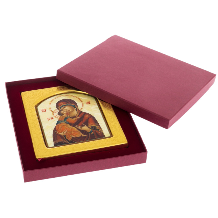Mother-of-pearl icon "Our Lady of Vladimir" in a gold frame with embossing