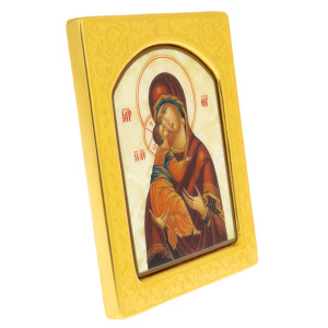 Mother-of-pearl icon "Our Lady of Vladimir" in a gold frame with embossing