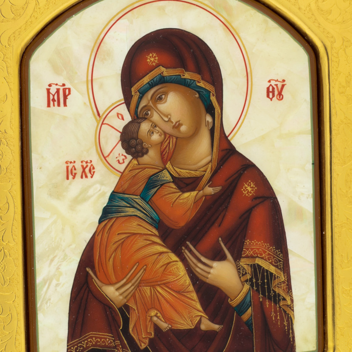 Mother-of-pearl icon "Our Lady of Vladimir" in a gold frame with embossing