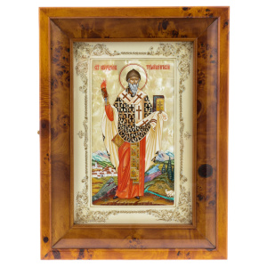 Icon on natural mother-of-pearl "Spyridon of Trimifunt" in a kiosk and a white frame