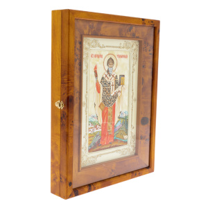 Icon on natural mother-of-pearl "Spyridon of Trimifunt" in a kiosk and a white frame