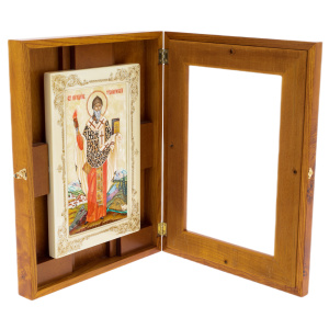 Icon on natural mother-of-pearl "Spyridon of Trimifunt" in a kiosk and a white frame
