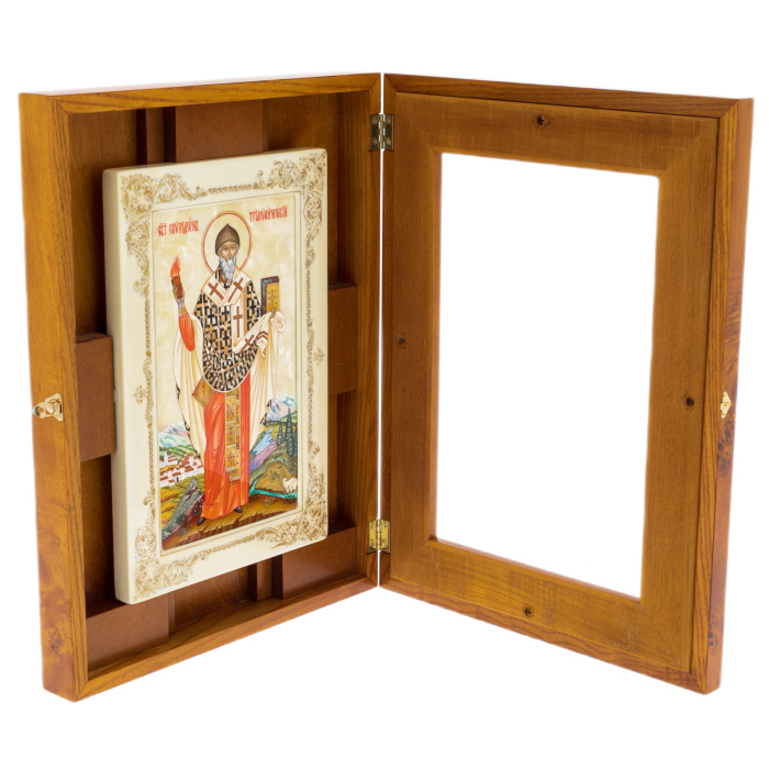 Icon on natural mother-of-pearl "Spyridon of Trimifunt" in a kiosk and a white frame