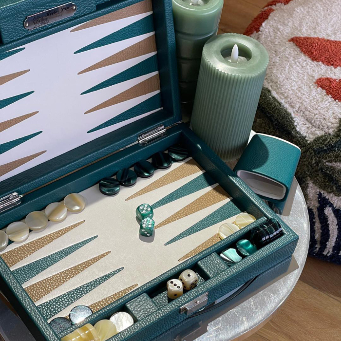 Exclusive backgammon set "Baptiste" made of leather, green, large