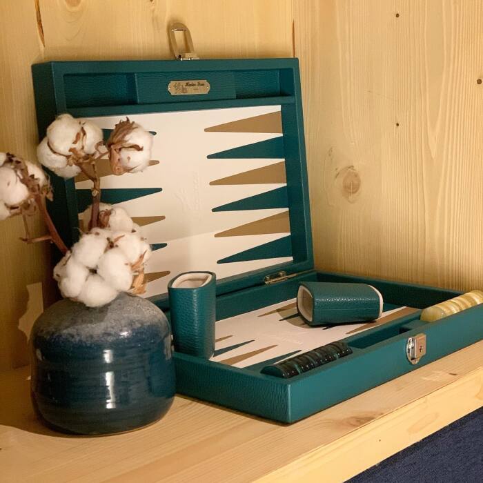 Exclusive backgammon set "Baptiste" made of leather, green, large